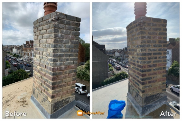 Chimney stack In Margate. Cracks stitched back together with stainless steel helical bar and resin and pointed with a traditional lime mortar.