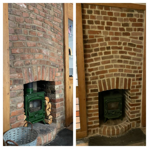 Beofre and after picture of chimney breast repointed with lime